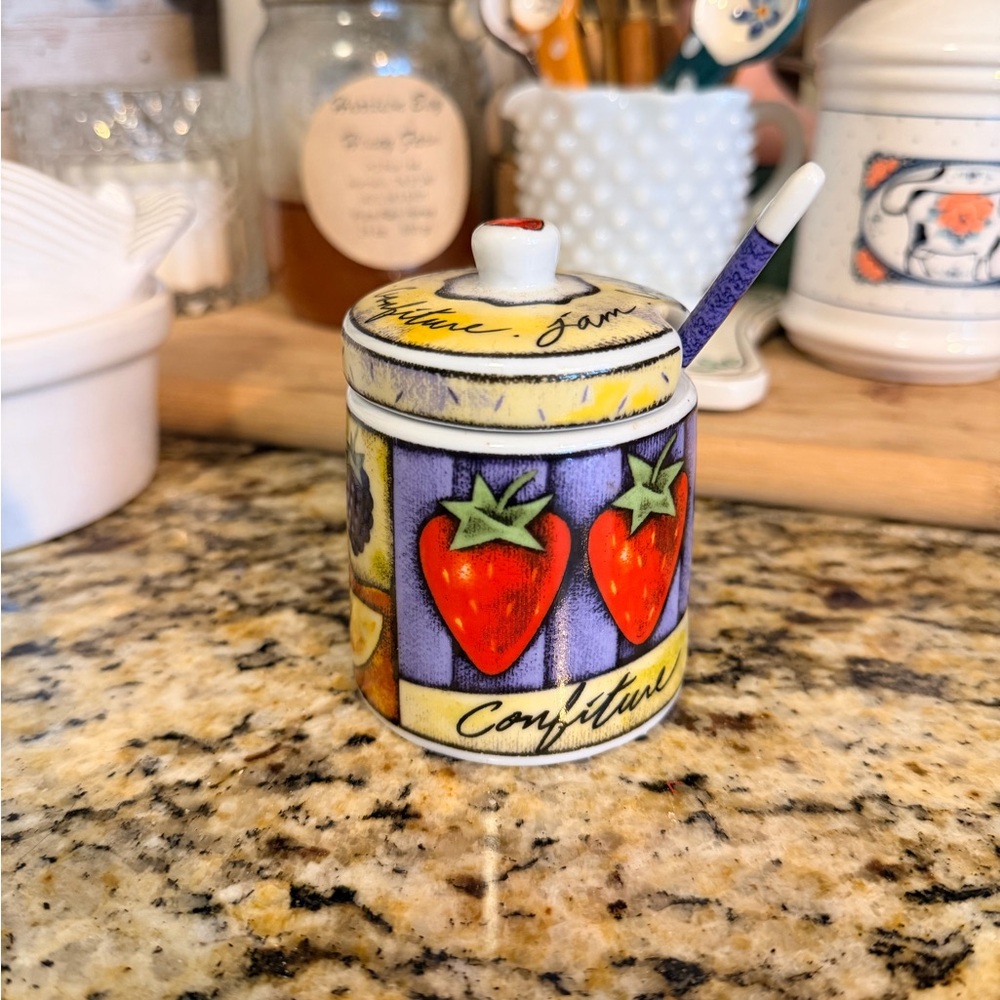 Strawberry Jam Pot with Lid and Spoon
